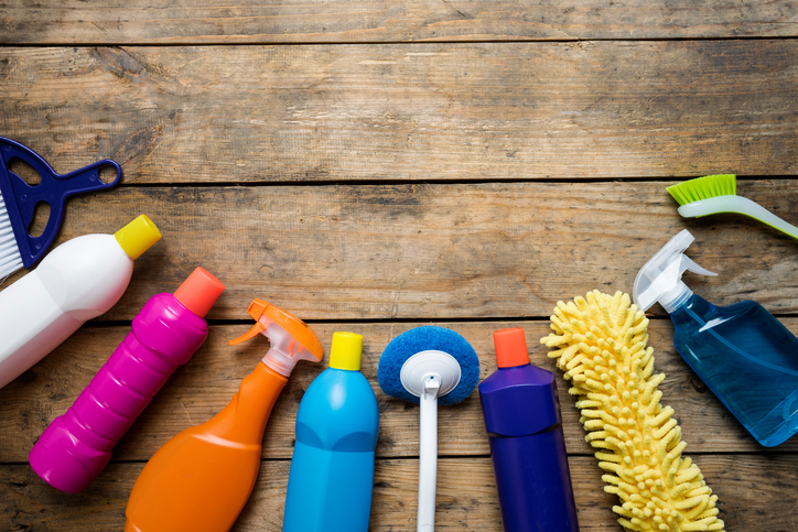 House cleaning product on wood table