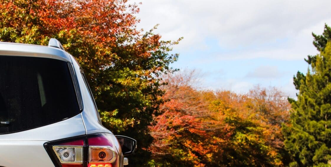 Car driving down road in the fall