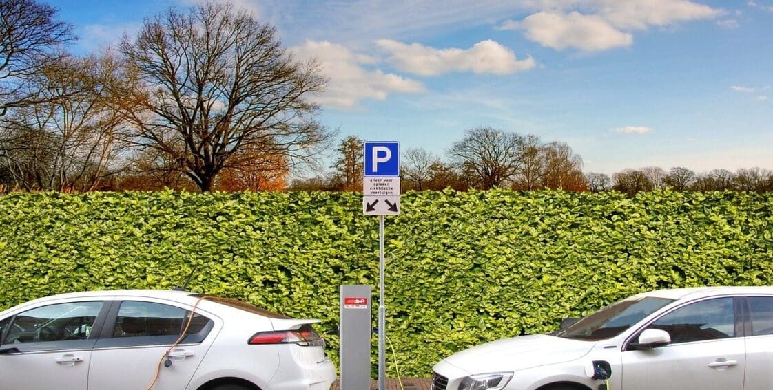 Two Parked White Electric Vehicles Getting Charged Alongside a Field