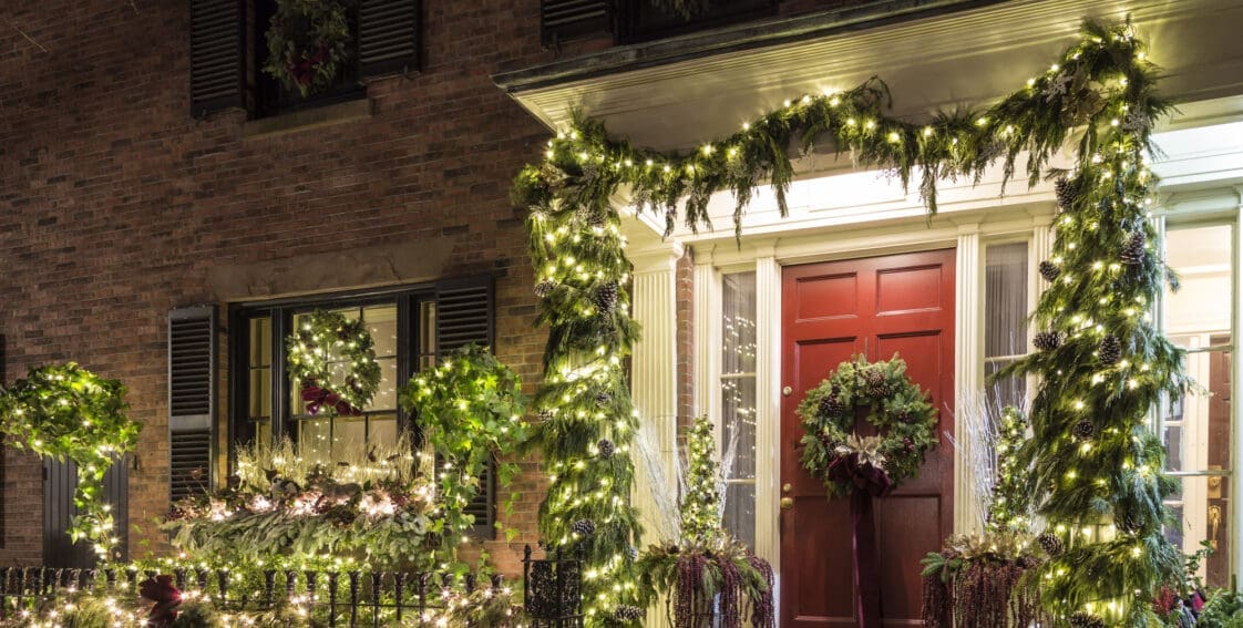 Front porch of a house decorated for Christmas