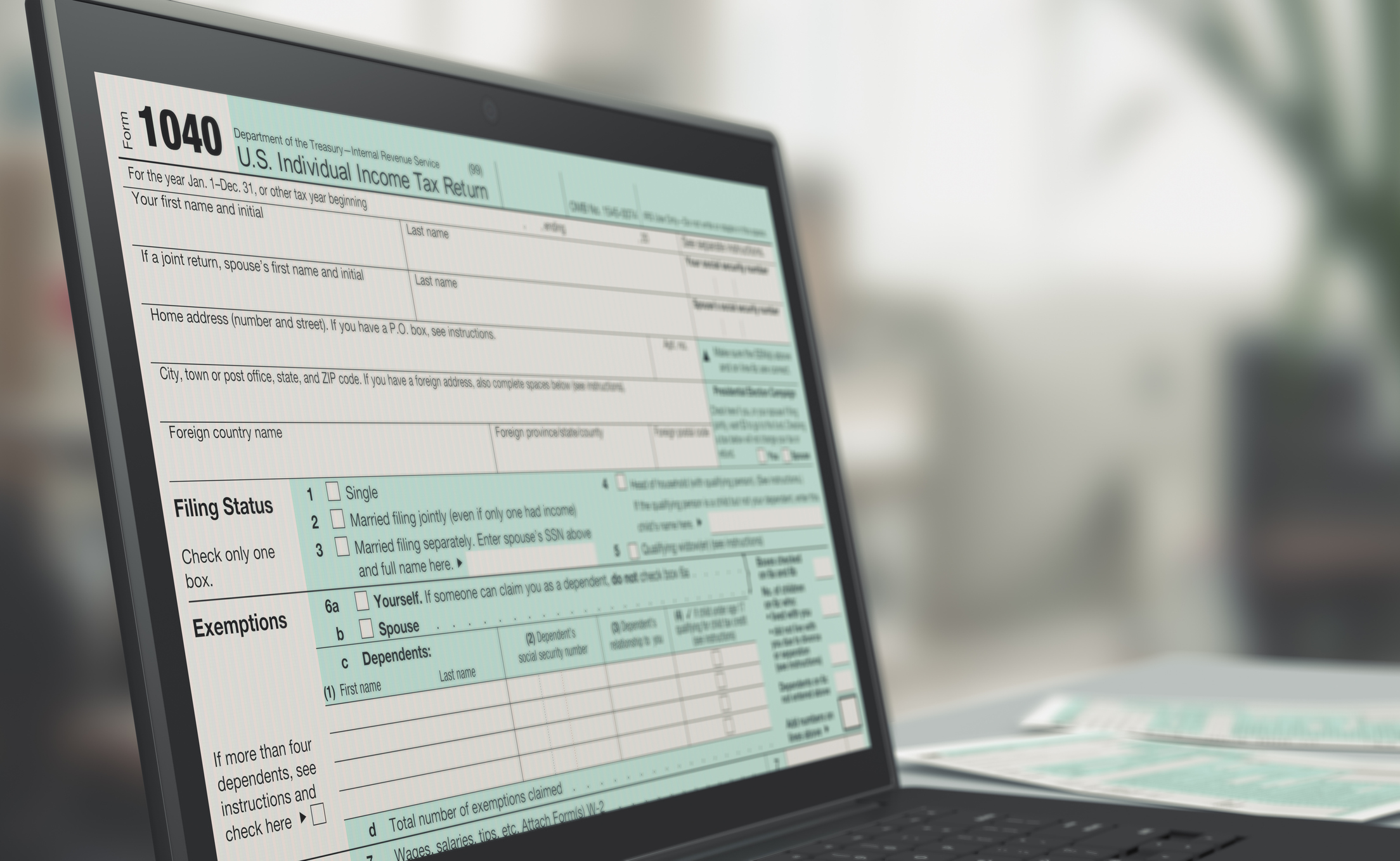 closeup of a computer laptop with a tax form on screen, concept of online tax filing (3d render)