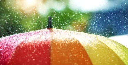 Rain drops falling onto umbella with rainbow colour- Rainy weather