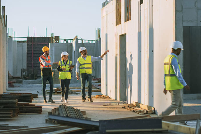 Diverse Team of Specialists Taking a Walk Through Construction Site. Real Estate Building Project with Senior Civil Engineer, Architect, General Worker Discussing Planning and Development Details.