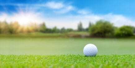 A golf ball sits on a green lawn. The sun is setting in the distance.