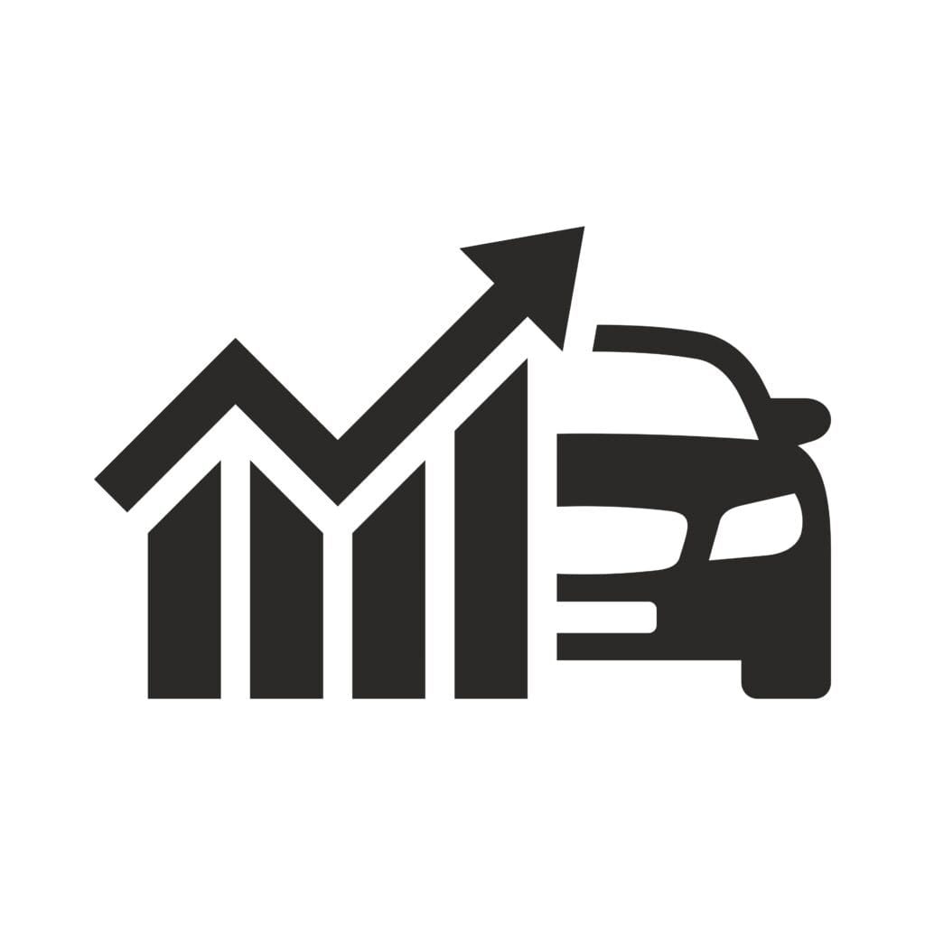 A black-and-white icon of half of a car and a chart with an arrow pointing up, indicating an increase in costs