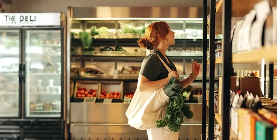 A young woman looks at a shelf in a grocery store