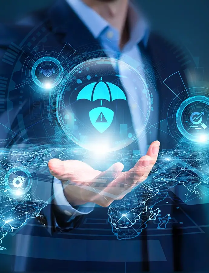 Businessman hand hold of Risk Management and global networking. predictive risk analytics platforms, compliance monitoring systems, cyber risk assessment tools, enterprise governance frameworks