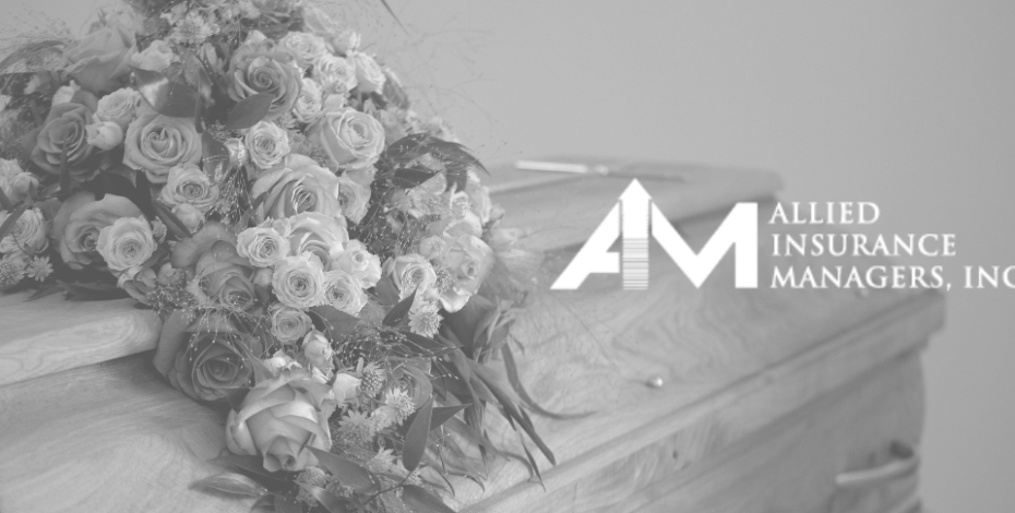 A casket with flowers on it. Allied Insurance Managers' logo is overlayed