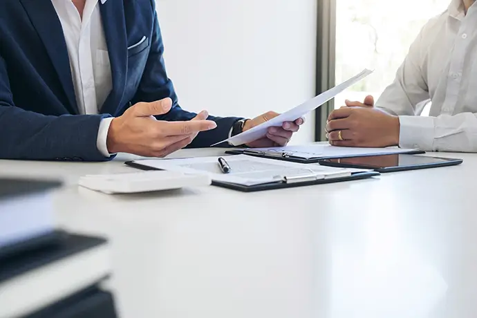 Agent man presentation and consulting insurance detail to customer and waiting for his reply to finish