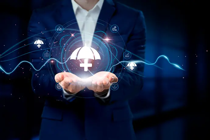 Businessman holding virtual Insurance Network Connection Icons. Coverage, Claims, Risk Mitigation in Business.